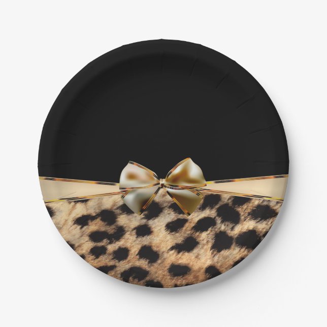 Black & Gold Bow Leopard Cheetah Animal Print Pappteller (Vorderseite)