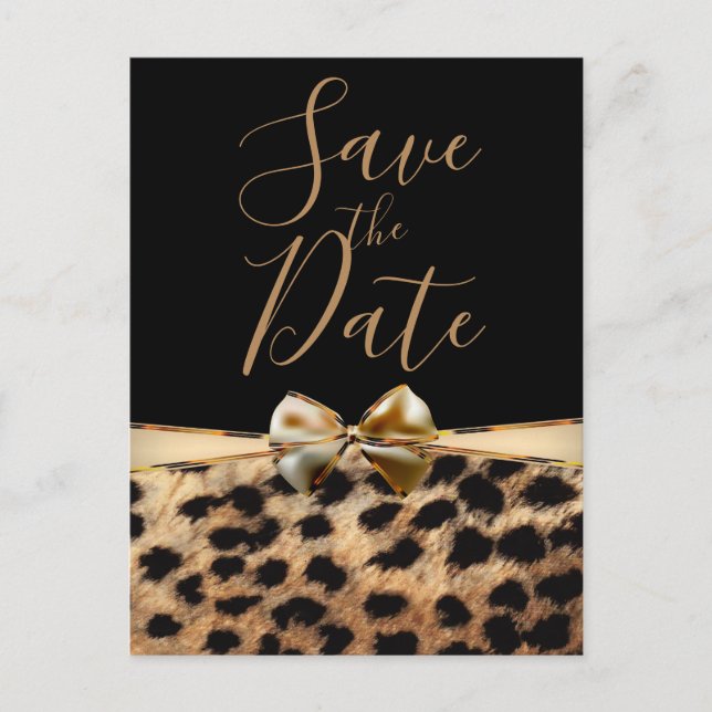 Black Gold Bow Leopard Cheetah Print Save the Date Ankündigungspostkarte (Vorderseite)