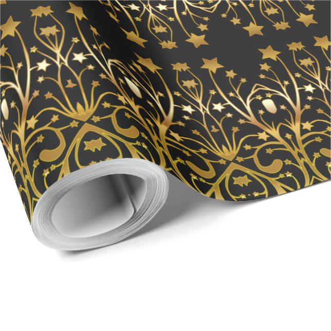 Black Gold Brown Elegantes Chic Stars Muster Geschenkpapier (Rolleneckpunkt)
