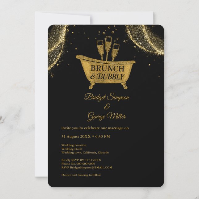 Black Gold Brunch & Bubbly Wedding Einladung (Vorderseite)