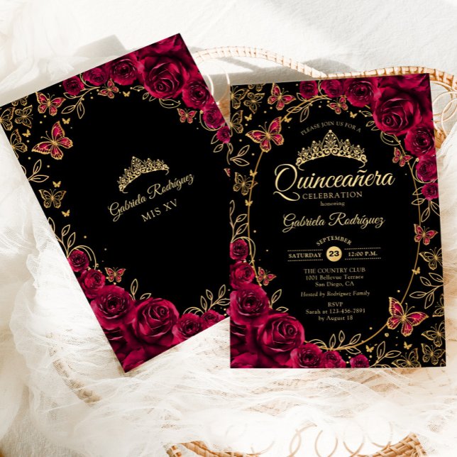 Black Gold Burgundy Quinceanera Einladung (Von Creator hochgeladen)