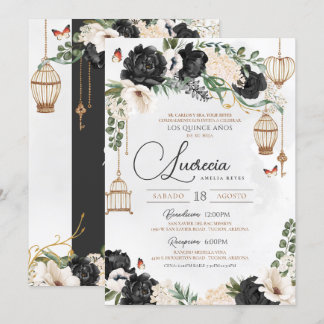 Black & Gold Butterfly Flora Elegantes Quinceañera Einladung