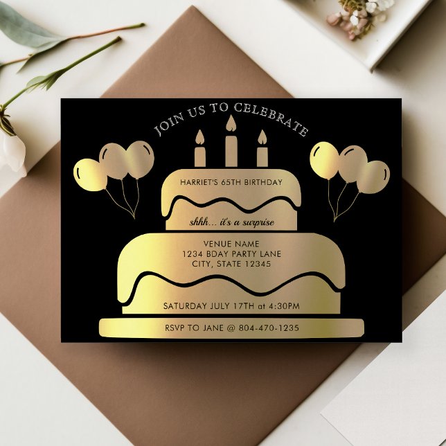 Black & Gold Cake Balloons 65. Geburtstag Einladung (Black & Gold Cake Balloons 65th Birthday Invitation)