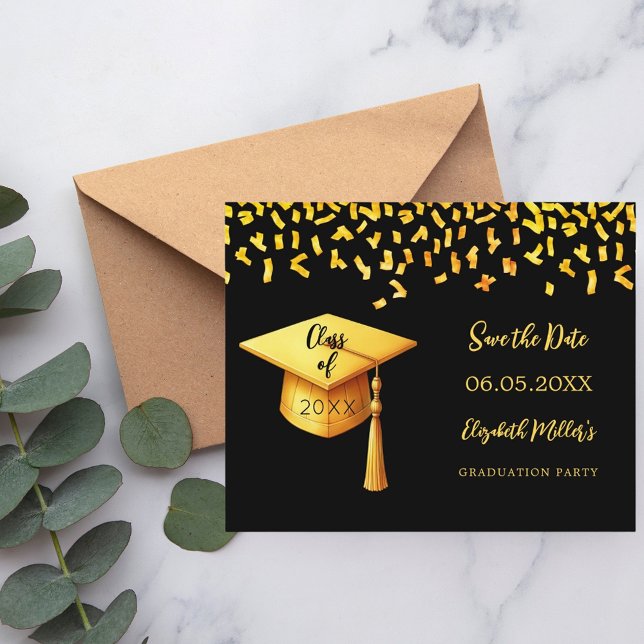 Black Gold Cap Graduation Party Save the Date Kart (Von Creator hochgeladen)