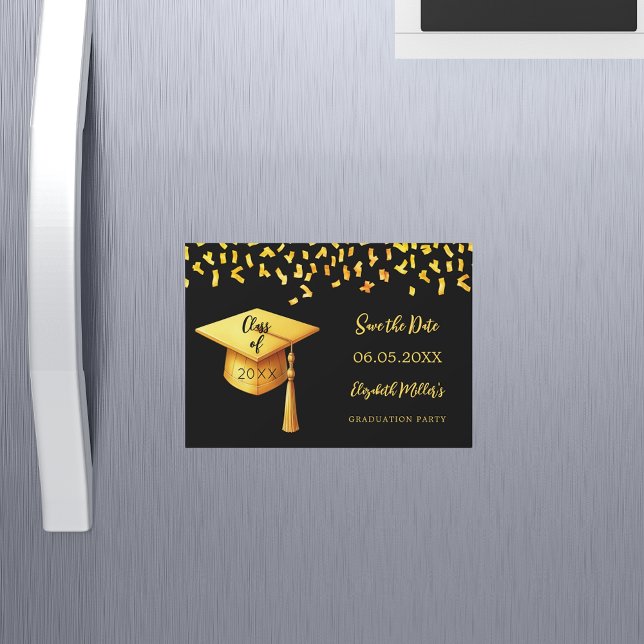 Black Gold Cap Graduation Party Save the Date Kart Magneteinladung (Von Creator hochgeladen)