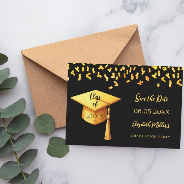 Black Gold Cap Konfetti Graduation Party Save The Date (Von Creator hochgeladen)