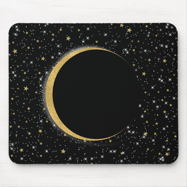 Black & Gold Celestial Moon Magic Lunar Stars Mousepad (Vorne)