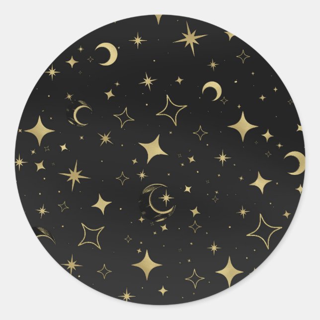 Black & Gold Celestial Moon Stars Hochzeit Runder Aufkleber (Vorderseite)