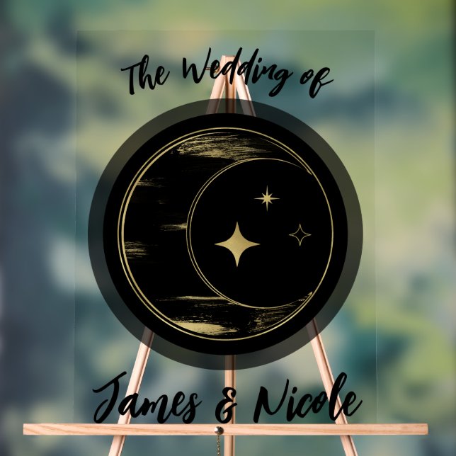 Black & Gold Celestial Moon Stars Hochzeit Willkom Acrylschild (Neutral)