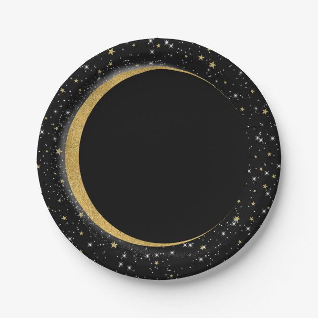 Black & Gold Celestial Moon Stars Lunar Magic Pappteller (Vorderseite)