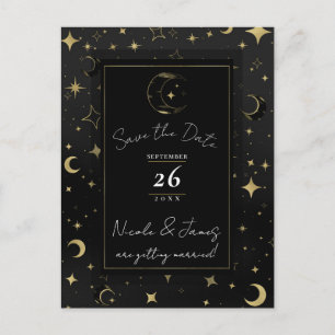Black & Gold Celestial Moon & Stars Save the Date Ankündigungspostkarte
