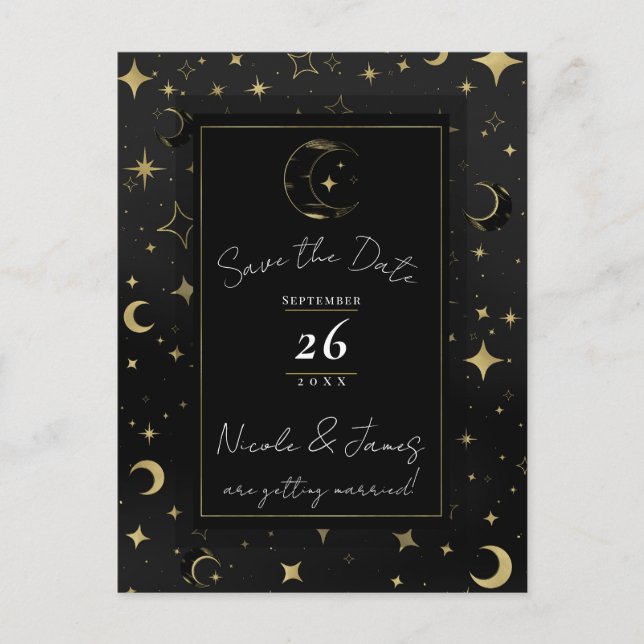 Black & Gold Celestial Moon & Stars Save the Date Ankündigungspostkarte (Vorderseite)