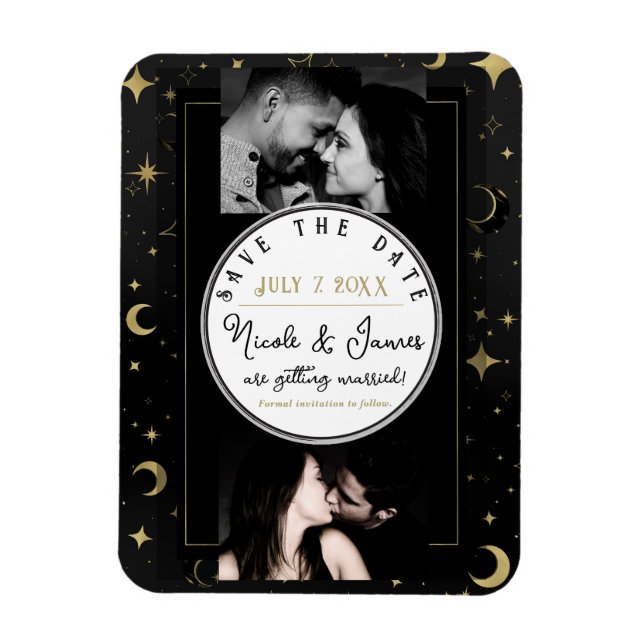 Black & Gold Celestial Moon & Stars Save the Date Magnet (Vertikal)