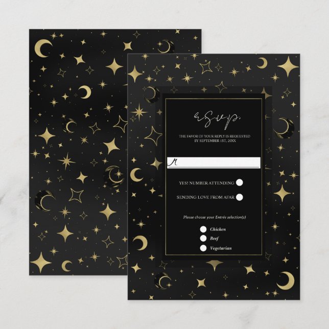 Black & Gold Celestial Moon Stars Wedding RSVP (Vorne/Hinten)