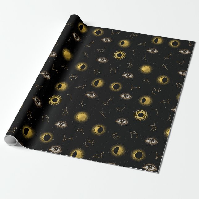 Black Gold Celestial Sun & Moon Zodiac Eye Geschenkpapier (Ungerollt)