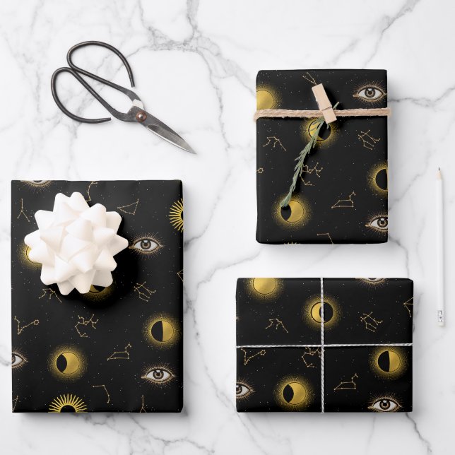Black Gold Celestial Sun & Moon Zodiac Eye Geschenkpapier Set (Vorderseite)