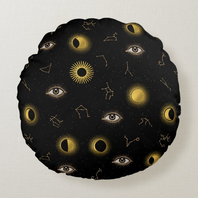 Black Gold Celestial Sun & Moon Zodiac Eye Rundes Kissen (Vorderseite)