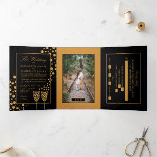 Black & Gold Champagne Bubbles, Hochzeitssuite Dreifach Gefaltete Einladung