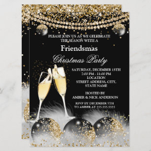 Black Gold Champagne Friendsmas Weihnachts-Party Einladung