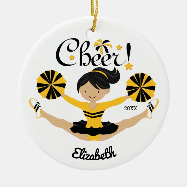 Black & Gold Cheer Dark Hair Cheerleader Ornament (Vorne)