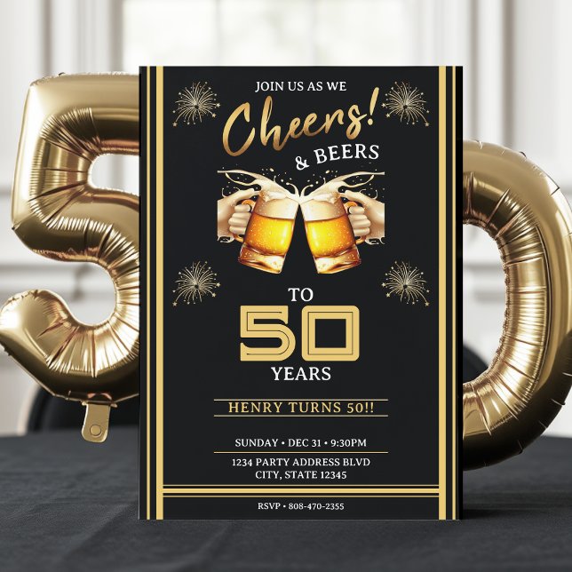 Black & Gold Cheers & Biere 50 Jahre 50. Geburtsta Einladung (Von Creator hochgeladen)