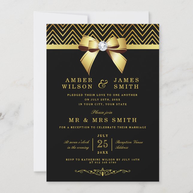 Black Gold Chevrons Bow Wedding Reception nur Einladung (Vorderseite)