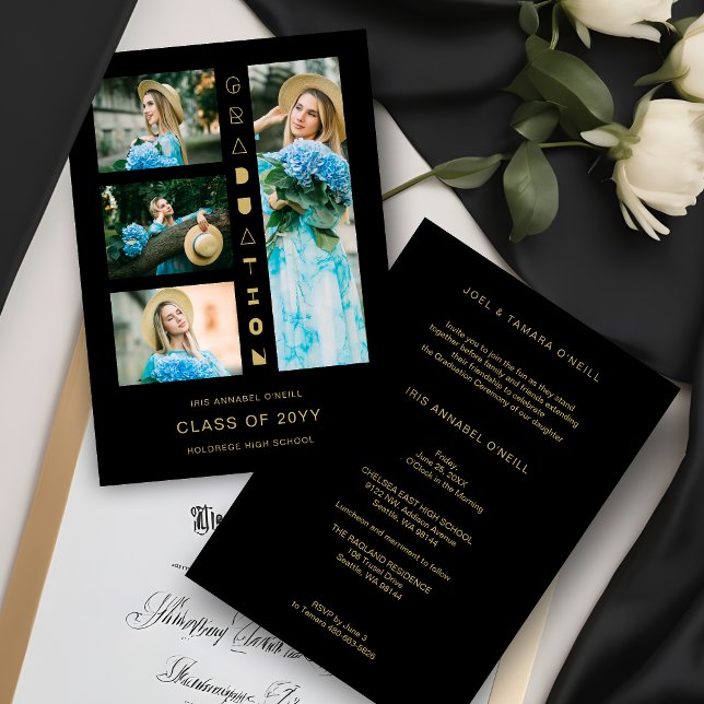 Black Gold Chic 4 Multi-Photos Funny Script Invita Einladung (Black & Faux Gold Sophisticated 4 Multi-Photos Collage Whimsical Script Graduation Invitation Card.)