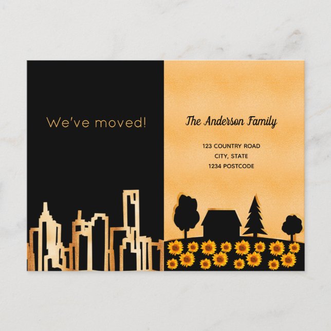 Black gold city country we moved announcement ankündigungspostkarte (Vorderseite)