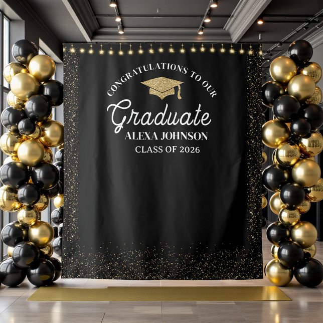 Black & Gold Class Of 2026 Graduation Backdrop Wandteppich (Von Creator hochgeladen)