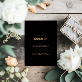 Black Gold Classic Minimal Sweet 16 Geburtstagsfei Einladung