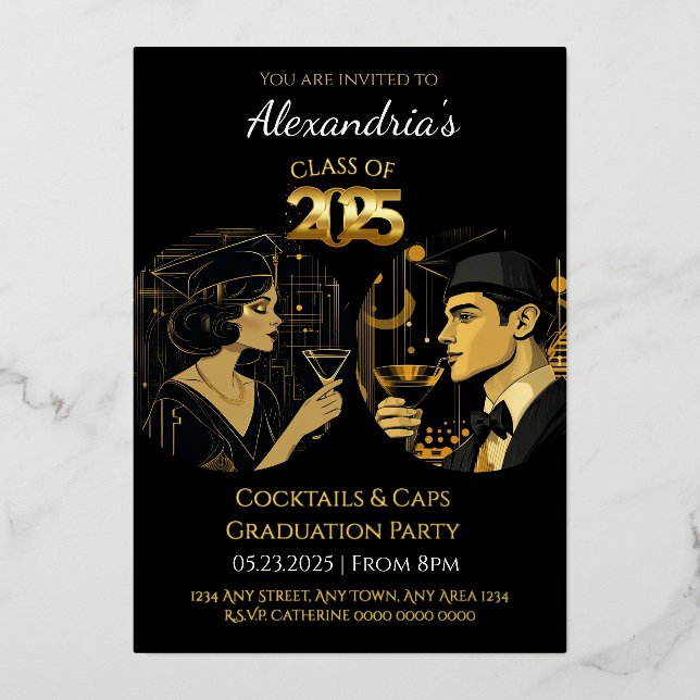 Black Gold Cocktail & Caps Graduation Party 2025 Folieneinladung (Vorderseite)
