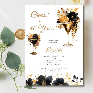 Black Gold Cocktails Drinks Florals 40. Geburtstag Einladung