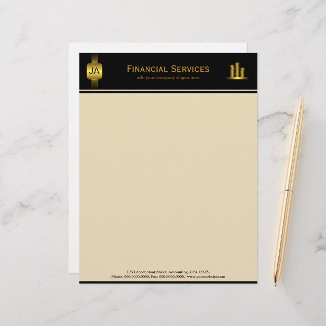 Black Gold Coins Accountant Business Letterhead Briefbogen (Vorderseite/Rückseite Beispiel)