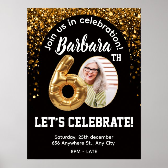 Black Gold Confetti Birthday Invite 60th Poster (Vorne)