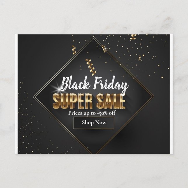 Black & Gold Confetti Black Friday Super Sale Postkarte (Vorderseite)