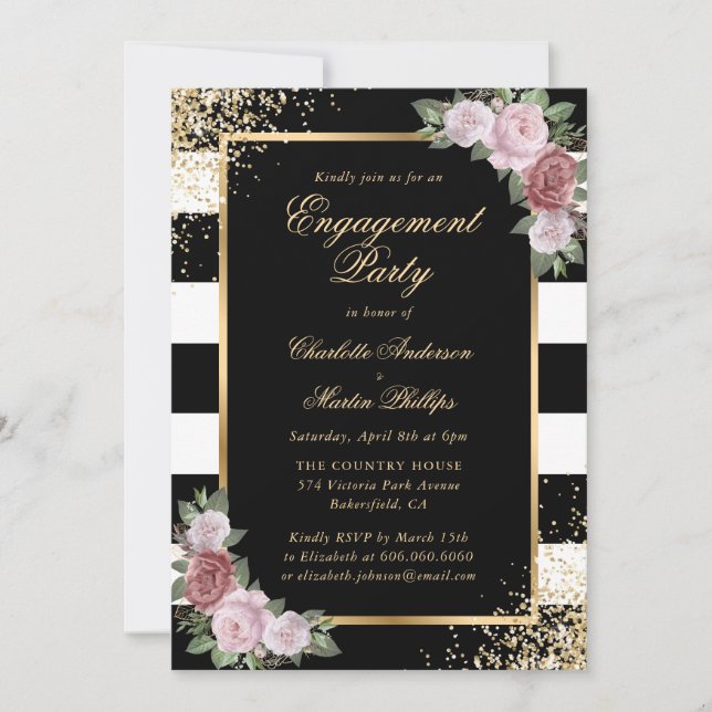 Black Gold Confetti Blush Floral Engagement Party Einladung (Vorderseite)
