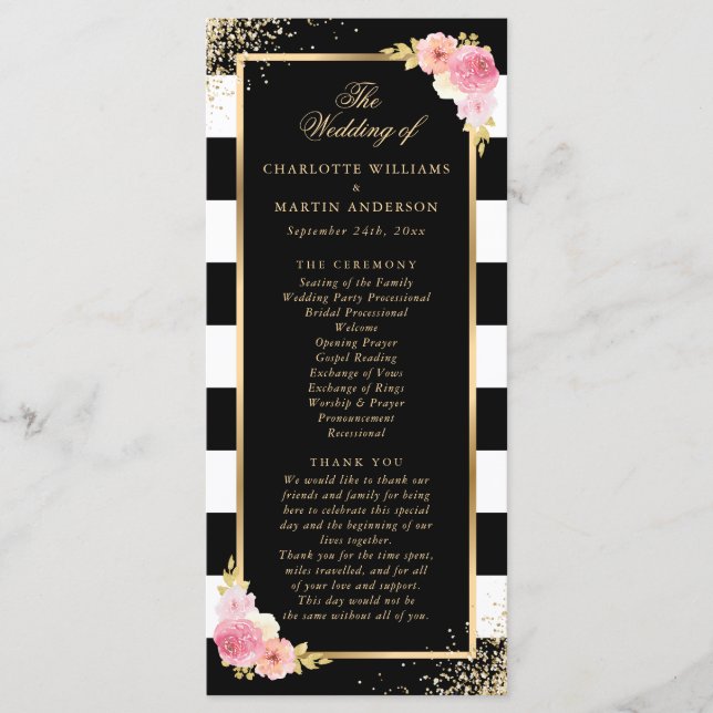 Black Gold Confetti Blush Pink Floral Wedding Programm (Vorderseite)