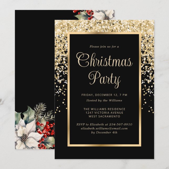 Black Gold Confetti Botanical Christmas Party Einladung (Vorne/Hinten)
