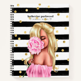 Black Gold Confetti Dots Blonde Girl Pink Floral Notizbuch