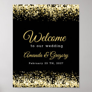 Black Gold Confetti Glitzer Hochzeit Begrüßungszei Poster