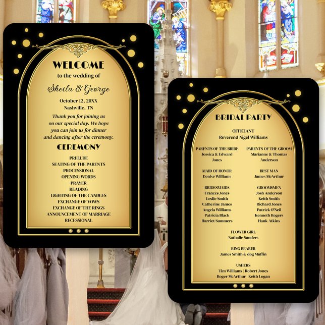 Black Gold Confetti Glitzern Hochzeit Fächer (Classic gold and black wedding program hand fan with elegant sparkling gold confetti.)