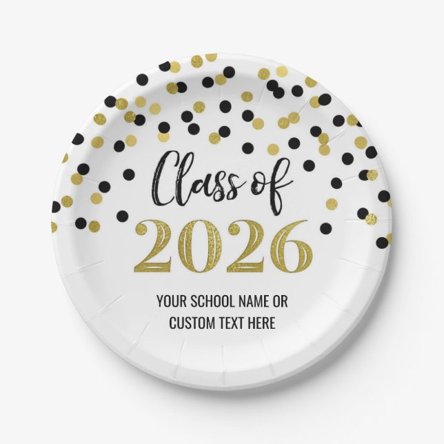 Black Gold Confetti Graduation 2026 Pappteller (Vorderseite)