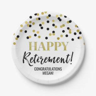Black Gold Confetti Happy Retirement Pappteller