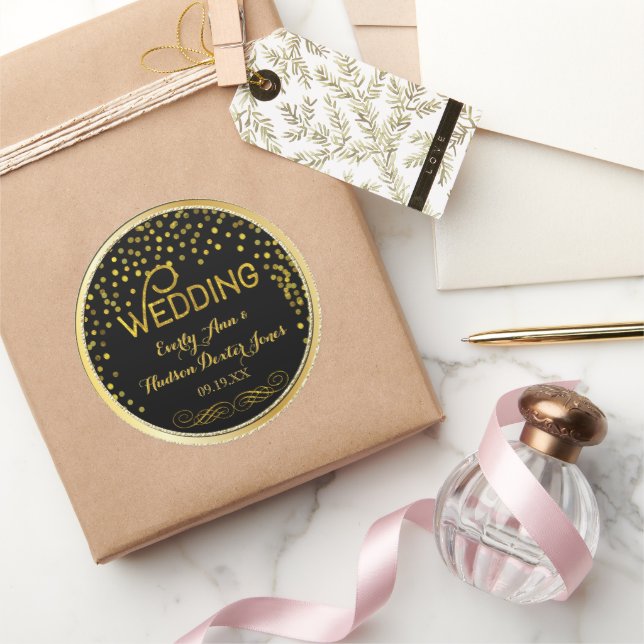 Black & Gold Confetti Moderne Hochzeit Runder Aufkleber (Schenken)