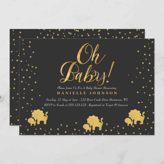 Black & Gold Confetti, Niedlicher Goldschuh Einladung (Vorne/Hinten)