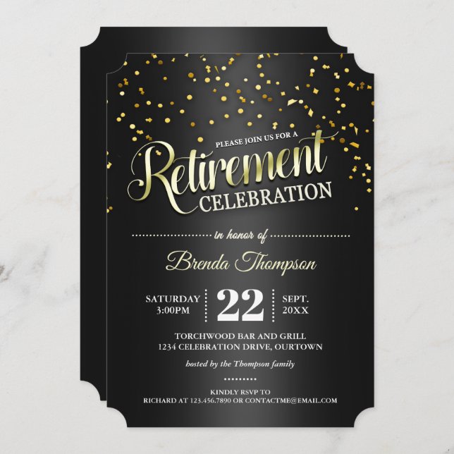 Black|Gold Confetti-Party Einladungen (Vorne/Hinten)