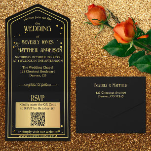 Black Gold Confetti QR Code Hochzeit All In One Einladung