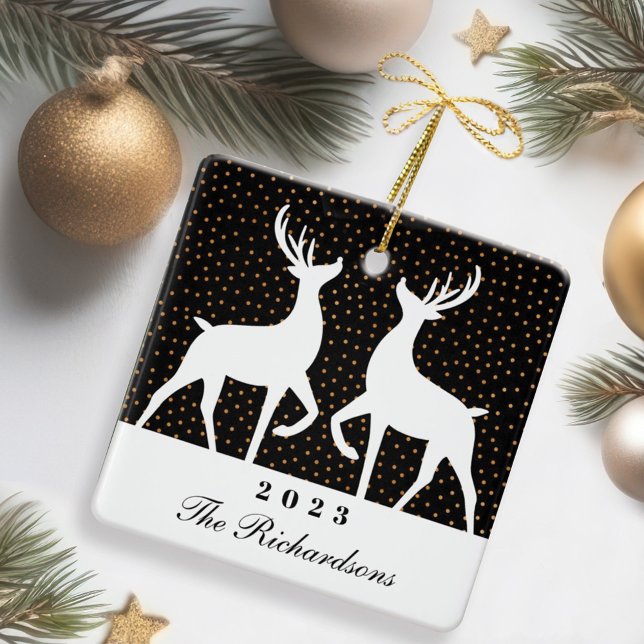 Black & Gold Confetti Rentier Joy Family Foto Keramikornament (Black & Gold Confetti Reindeer Joy Family Photo Ceramic Ornament)