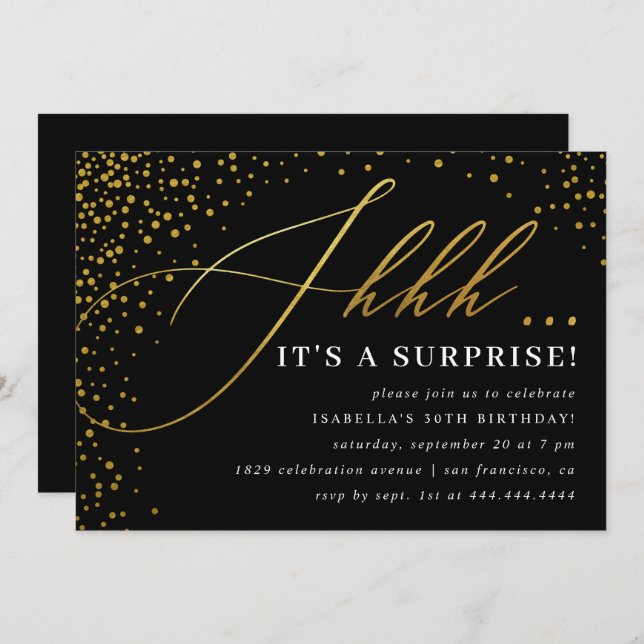 Black & Gold Confetti-Skript-Überraschung-Party Einladung (Vorne/Hinten)