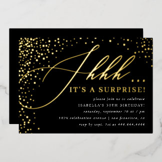 Black & Gold Confetti-Skript-Überraschung-Party Folieneinladung